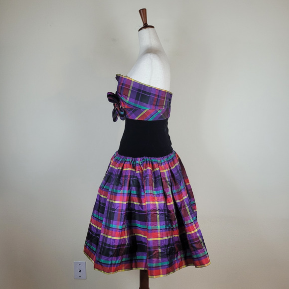 VTG Victor Costa Dress Womens 2 XS Velvet Plaid Strapless Bow Party Colorful 80s - Picture 6 of 13